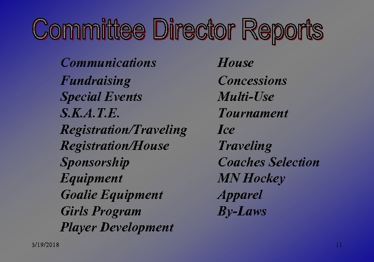 Communications Fundraising Special Events S. K. A. T. E. Registration/Traveling Registration/House Sponsorship Equipment Goalie