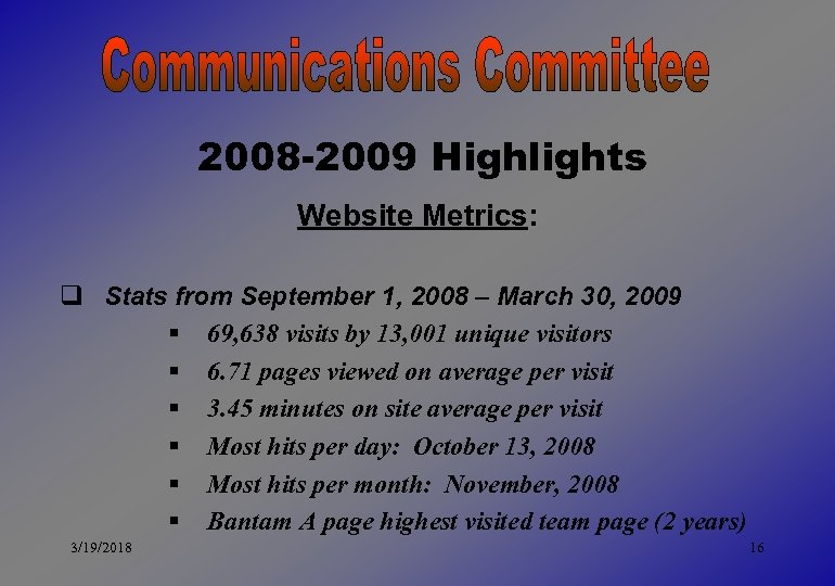 2008 -2009 Highlights Website Metrics: q Stats from September 1, 2008 – March 30,