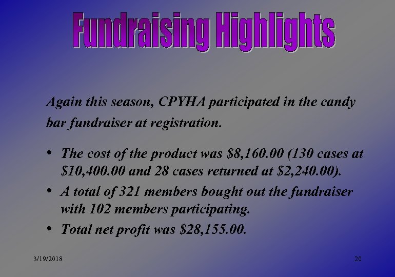 Again this season, CPYHA participated in the candy bar fundraiser at registration. • The