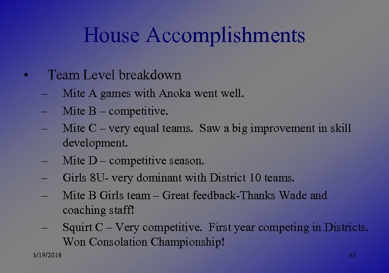 House Accomplishments • Team Level breakdown – – – – 3/19/2018 Mite A games