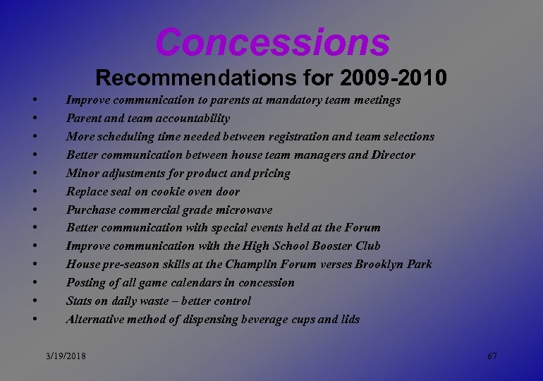 Concessions Recommendations for 2009 -2010 • • • • Improve communication to parents at