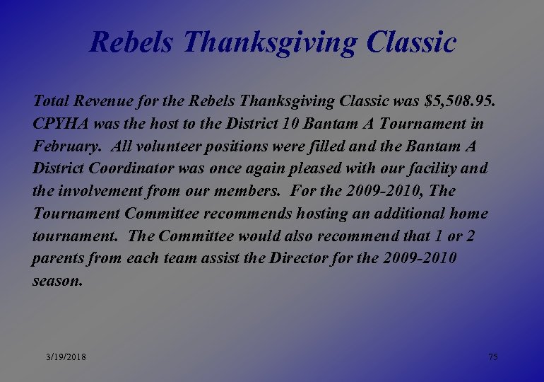 Rebels Thanksgiving Classic Total Revenue for the Rebels Thanksgiving Classic was $5, 508. 95.