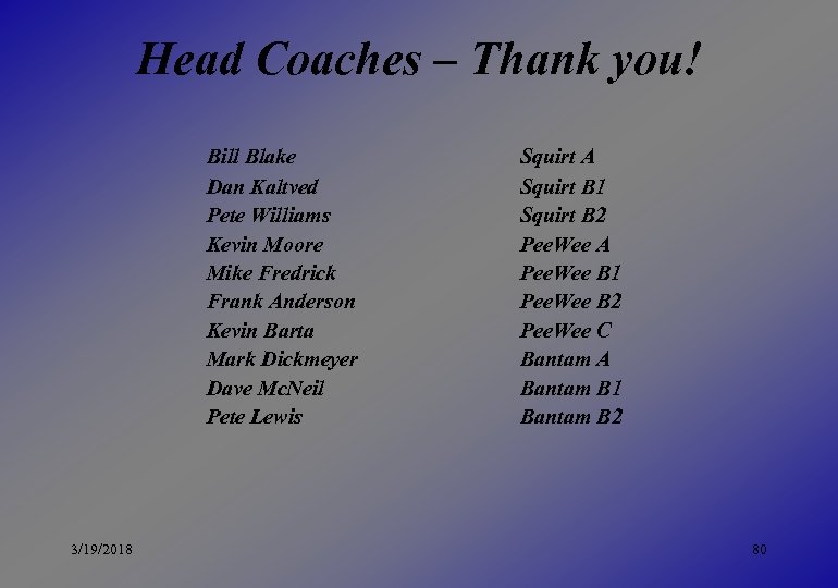 Head Coaches – Thank you! Bill Blake Dan Kaltved Pete Williams Kevin Moore Mike