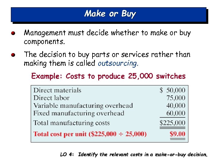Make or Buy Management must decide whether to make or buy components. The decision