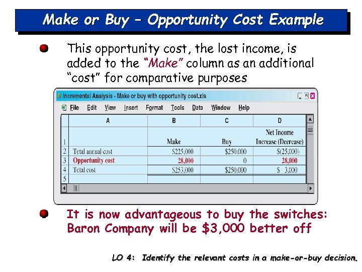 Make or Buy – Opportunity Cost Example This opportunity cost, the lost income, is