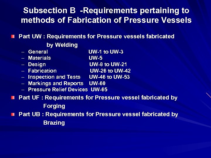 Subsection B -Requirements pertaining to methods of Fabrication of Pressure Vessels Part UW :
