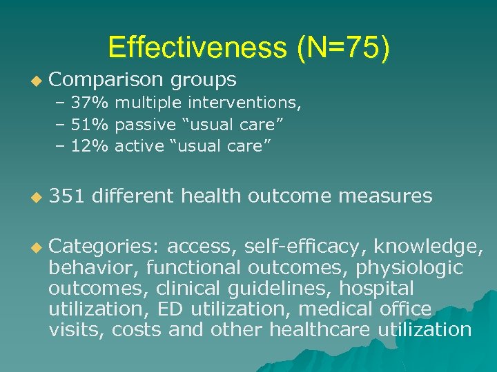 Effectiveness (N=75) u Comparison groups – 37% multiple interventions, – 51% passive “usual care”