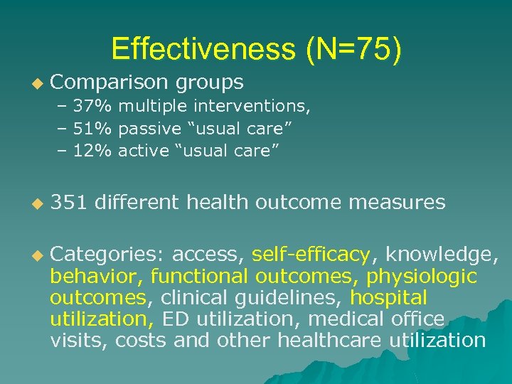 Effectiveness (N=75) u Comparison groups – 37% multiple interventions, – 51% passive “usual care”