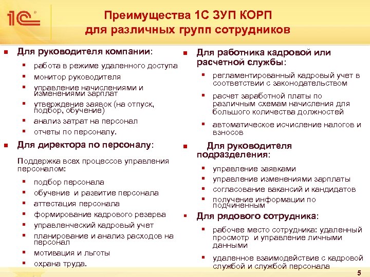Преимущества 1 С ЗУП КОРП для различных групп сотрудников n Для руководителя компании: n