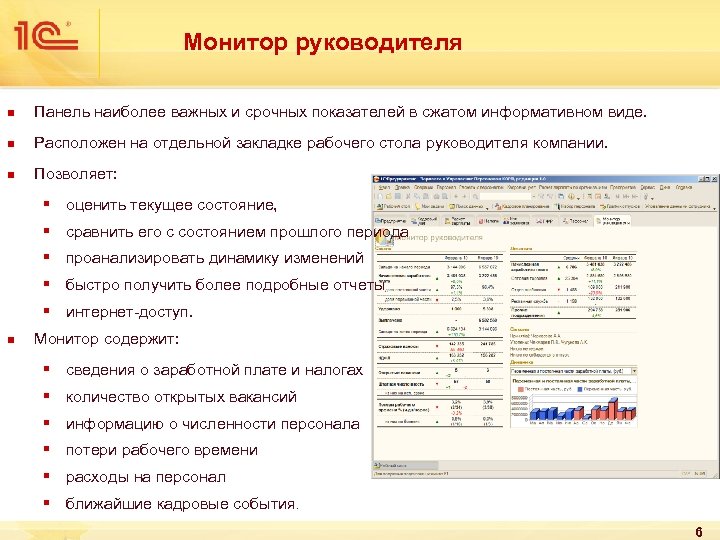 Монитор руководителя n Панель наиболее важных и срочных показателей в сжатом информативном виде. n