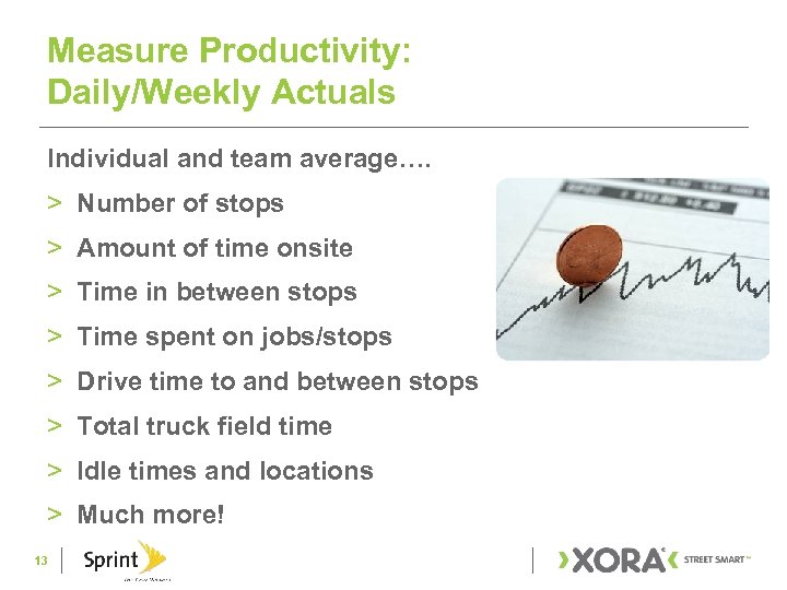 Measure Productivity: Daily/Weekly Actuals Individual and team average…. > Number of stops > Amount