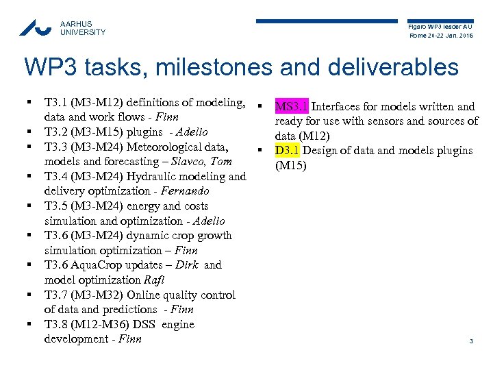 AARHUS UNIVERSITY Figaro WP 3 leader AU Rome 20 -22 Jan. 2015 WP 3