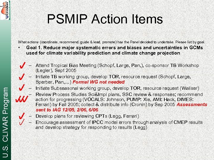 PSMIP Action Items What actions (coordinate, recommend, guide & lead, promote) has the Panel