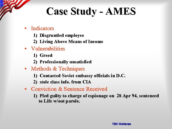 Case Study - AMES • Indicators 1) Disgruntled employee 2) Living Above Means of