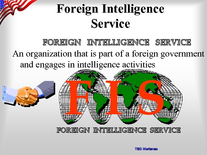 Foreign Intelligence Service FOREIGN INTELLIGENCE SERVICE An organization that is part of a foreign