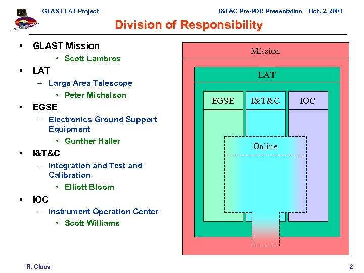 GLAST LAT Project I&T&C Pre-PDR Presentation – Oct. 2, 2001 Division of Responsibility •