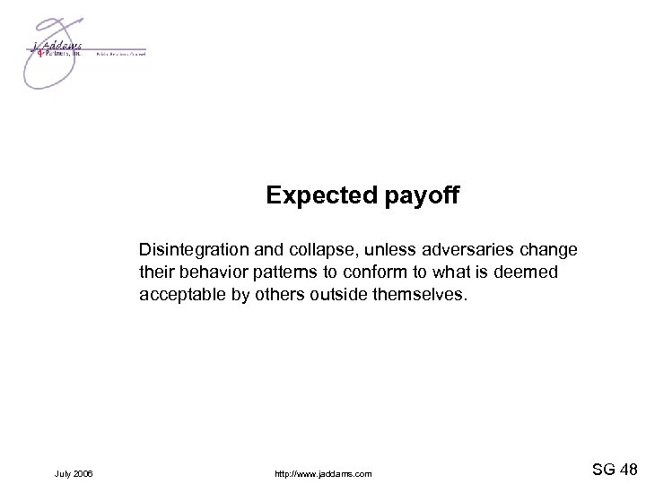Expected payoff Disintegration and collapse, unless adversaries change their behavior patterns to conform to