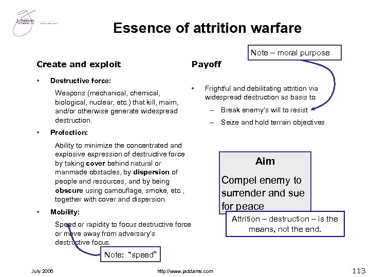 Essence of attrition warfare Note – moral purpose Create and exploit • Payoff Destructive