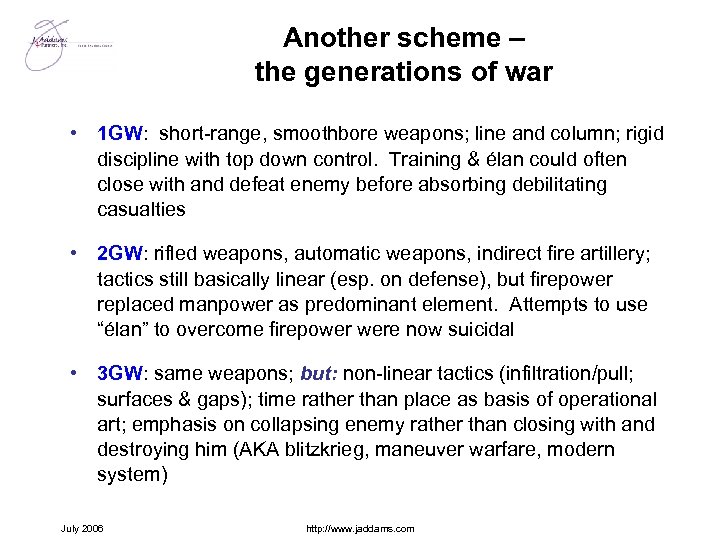 Another scheme – the generations of war • 1 GW: short-range, smoothbore weapons; line