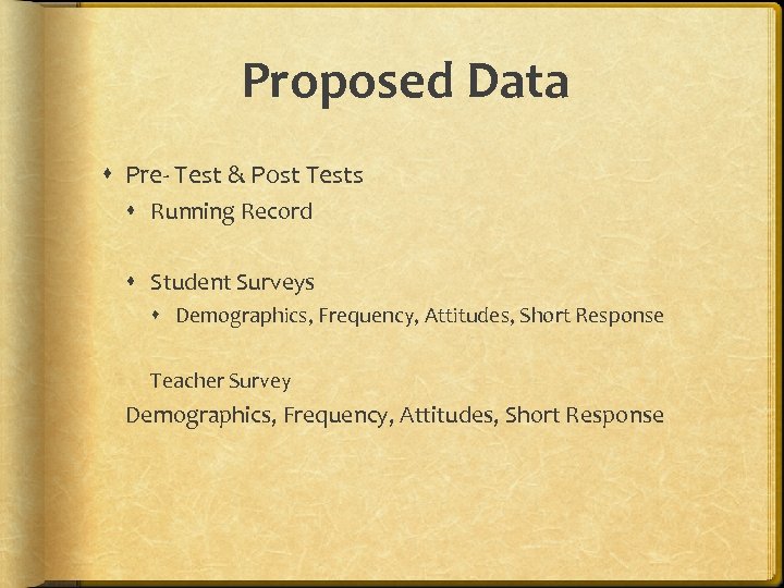 Proposed Data Pre- Test & Post Tests Running Record Student Surveys Demographics, Frequency, Attitudes,