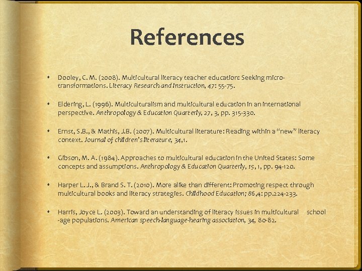 References Dooley, C. M. (2008). Multicultural literacy teacher education: Seeking microtransformations. Literacy Research and