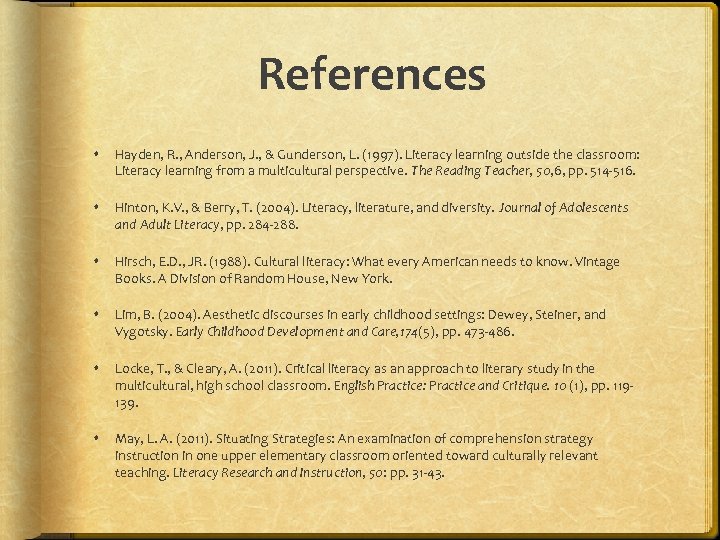 References Hayden, R. , Anderson, J. , & Gunderson, L. (1997). Literacy learning outside