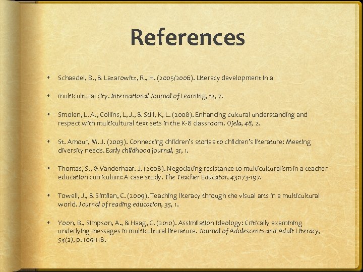 References Schaedel, B. , & Lazarowitz, R. , H. (2005/2006). Literacy development in a