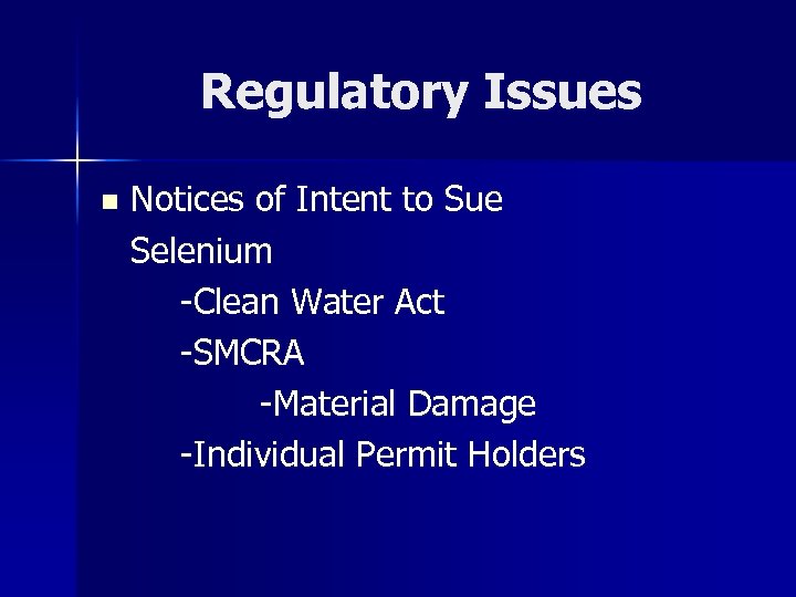 Regulatory Issues n Notices of Intent to Sue Selenium -Clean Water Act -SMCRA -Material