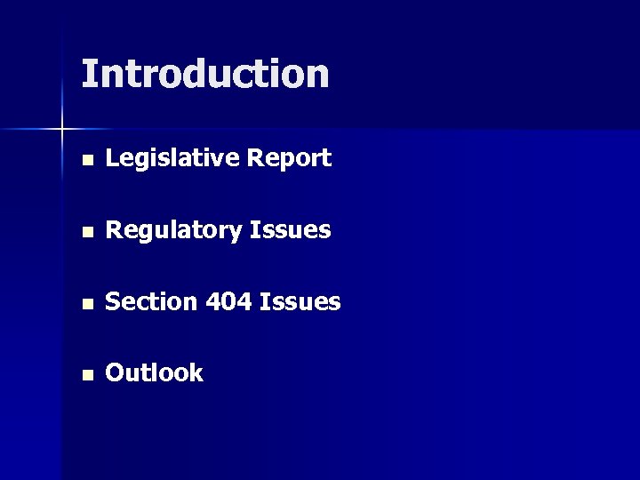 Introduction n Legislative Report n Regulatory Issues n Section 404 Issues n Outlook 
