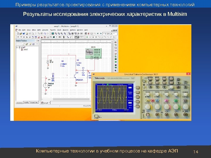 Примеры результатов проектирования с применением компьютерных технологий Результаты исследования электрических характеристик в Multisim Компьютерные