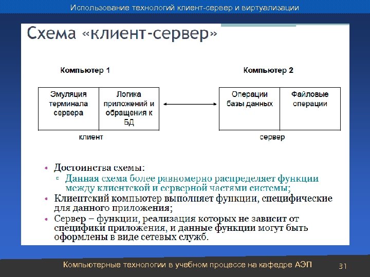 Использование технологий клиент-сервер и виртуализации Компьютерные технологии в учебном процессе на кафедре АЭП 31