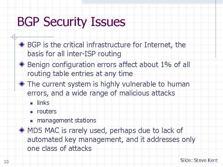 BGP Security Issues BGP is the critical infrastructure for Internet, the basis for all