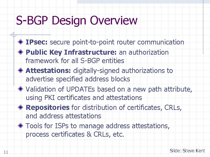 S-BGP Design Overview IPsec: secure point-to-point router communication Public Key Infrastructure: an authorization framework