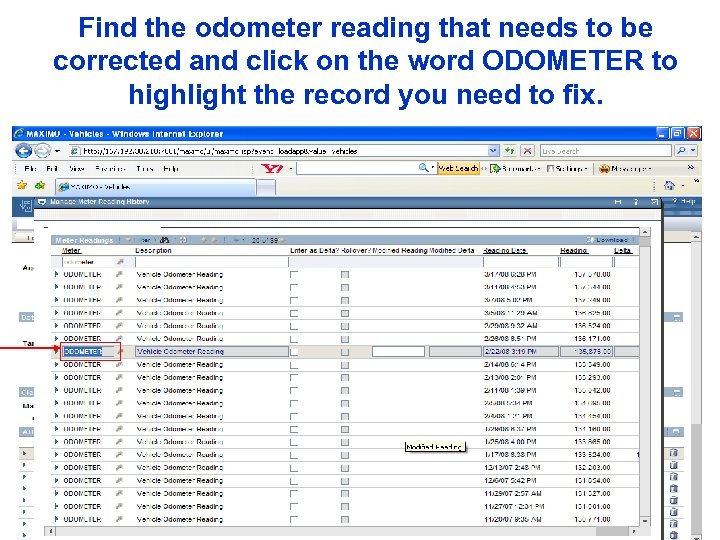 Find the odometer reading that needs to be corrected and click on the word