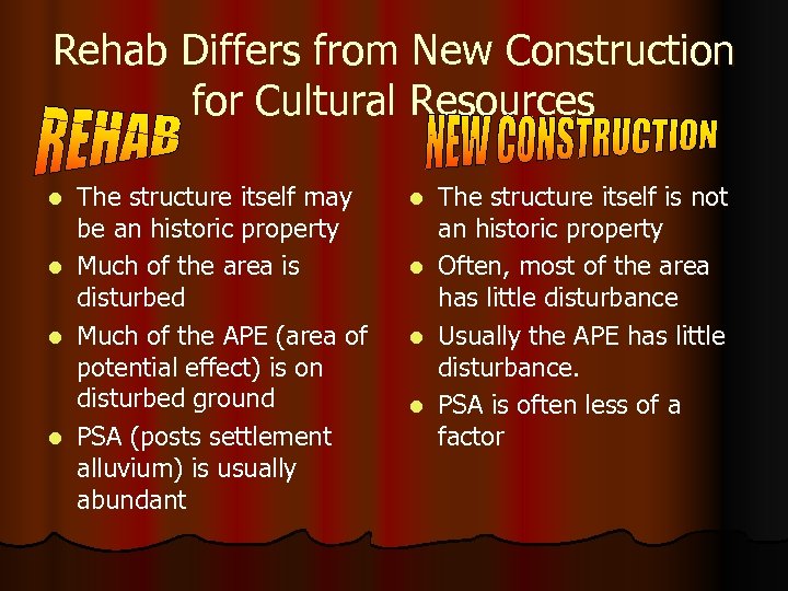 Rehab Differs from New Construction for Cultural Resources l l The structure itself may