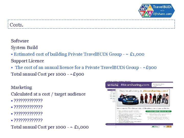 Costs. Software System Build • Estimated cost of building Private Travel. BUDi Group -