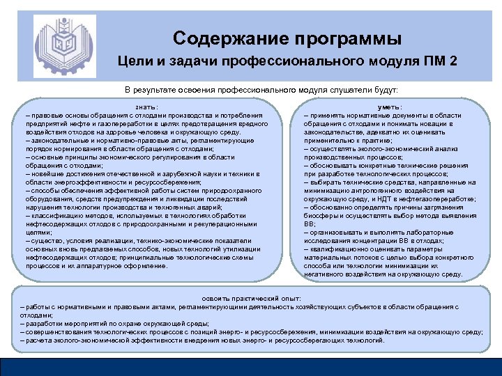 Содержание программы Цели и задачи профессионального модуля ПМ 2 В результате освоения профессионального модуля