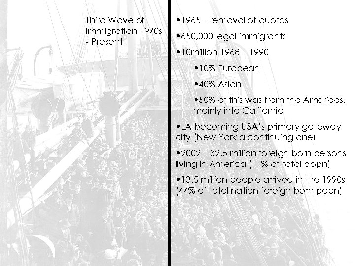 Third Wave of immigration 1970 s - Present • 1965 – removal of quotas