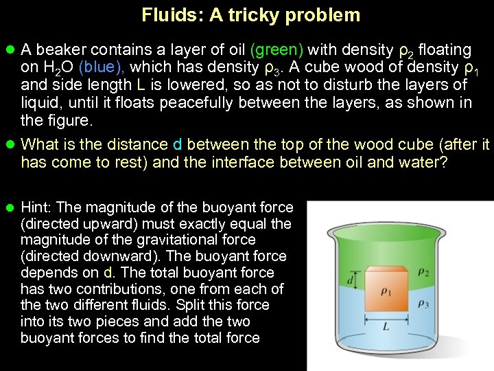 Fluids: A tricky problem l A beaker contains a layer of oil (green) with