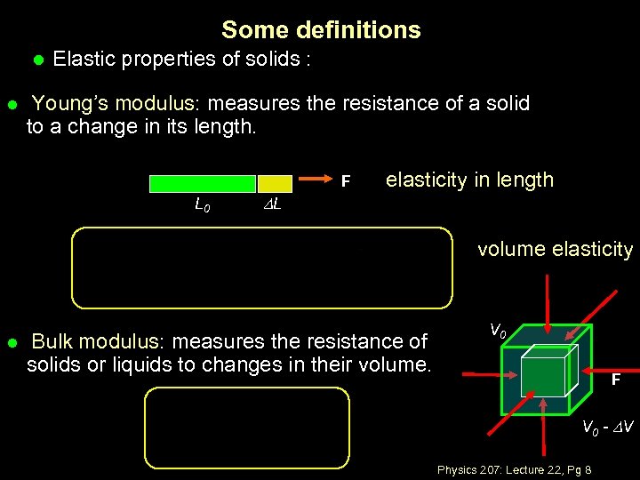 Some definitions l l Elastic properties of solids : Young’s modulus: measures the resistance