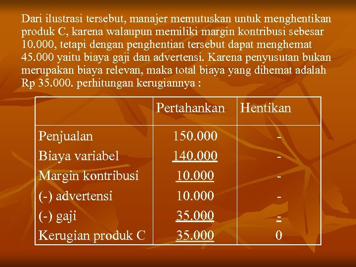 Dari ilustrasi tersebut, manajer memutuskan untuk menghentikan produk C, karena walaupun memiliki margin kontribusi