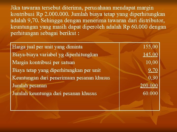 Jika tawaran tersebut diterima, perusahaan mendapat margin kontribusi Rp 2. 000. Jumlah biaya tetap