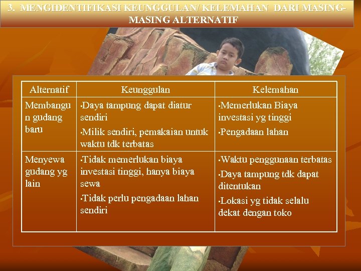 3. MENGIDENTIFIKASI KEUNGGULAN/ KELEMAHAN DARI MASING ALTERNATIF Alternatif Keunggulan Kelemahan Membangu • Daya tampung