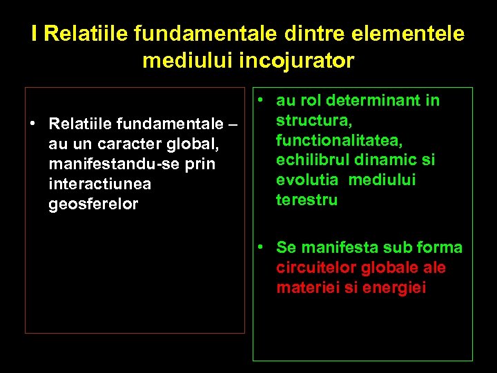 I Relatiile fundamentale dintre elementele mediului incojurator • au rol determinant in structura, •