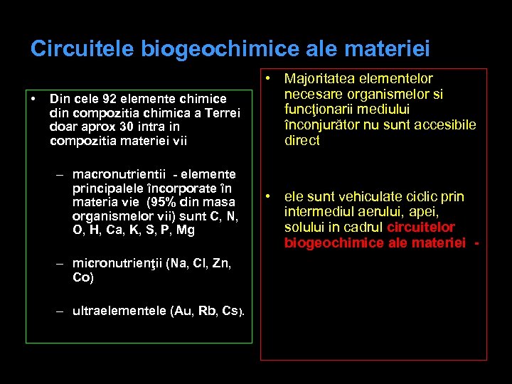 Circuitele biogeochimice ale materiei • Din cele 92 elemente chimice din compozitia chimica a