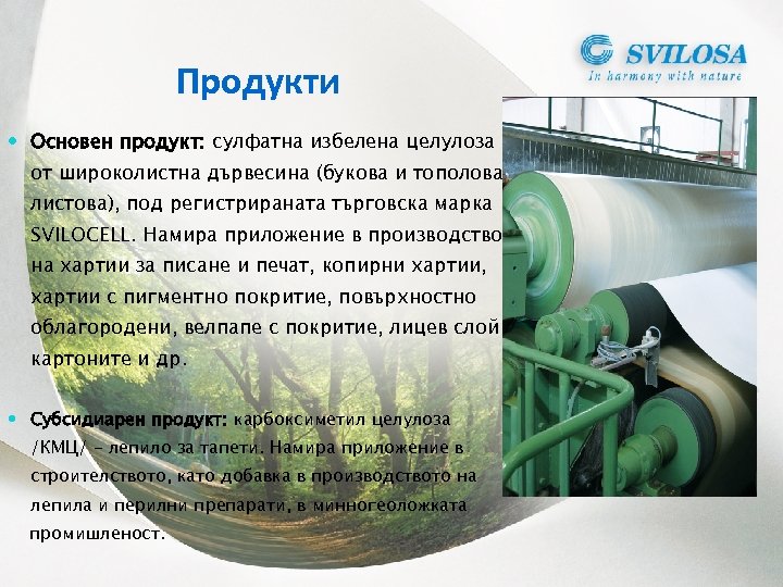 Продукти Основен продукт: сулфатна избелена целулоза от широколистна дървесина (букова и тополова листова), под