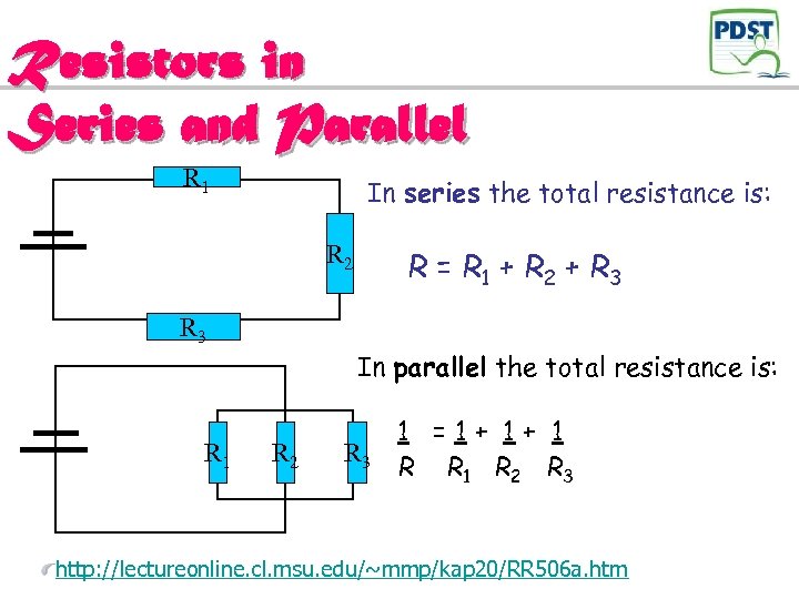 Resistors in Series and Parallel R 1 In series the total resistance is: R