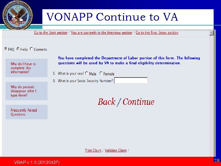 VONAPP Continue to VA VRAP v 1. 0 (20120427) 28 