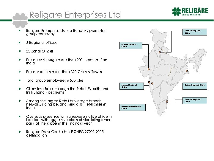 Religare Enterprises Ltd is a Ranbaxy promoter group company 6 Regional offices Northern Regional