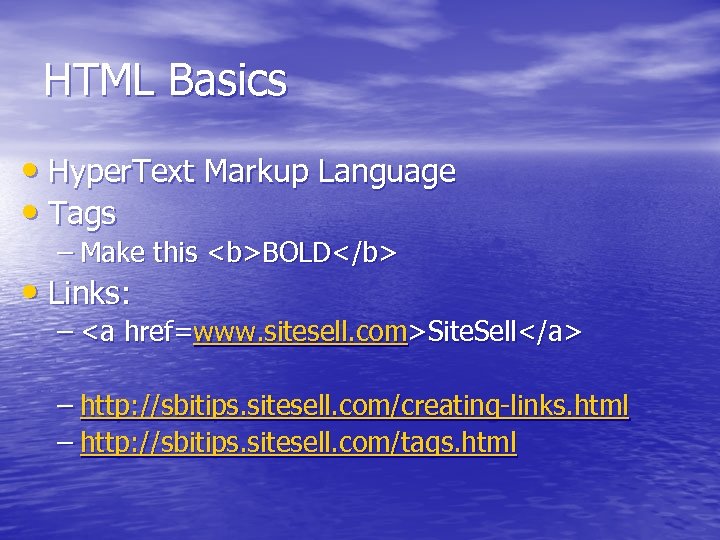 HTML Basics • Hyper. Text Markup Language • Tags – Make this <b>BOLD</b> •